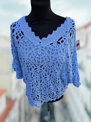 Opengewerkte Top met V-Hals Blauw