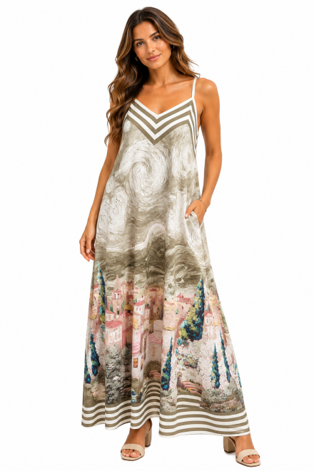 Maxi jurk met artistieke print bruin Maxi jurk met artistieke print bruin