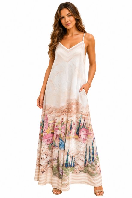 Maxi jurk met artistieke print beige Maxi jurk met artistieke print beige